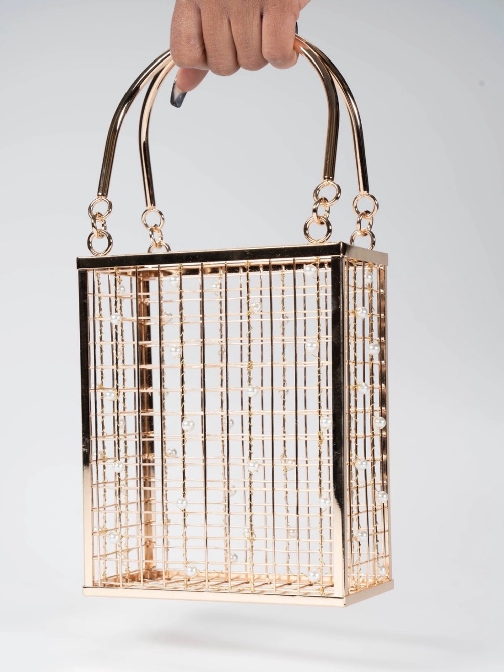 Gold Caged Metal Framed Top Handel Handbag - Picture 3 of 8